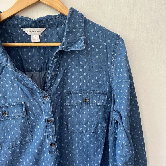 Christopher & Banks Popover Denim Blouse Womens XL Collared Anchors Nautical - Picture 2 of 5